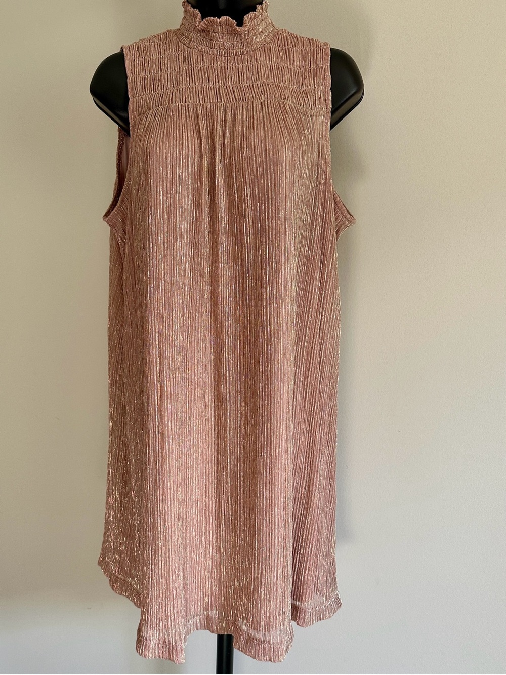 🩷 Nine West Metallic Rose-Pink Pleated High Neck Mini Sheath Dress